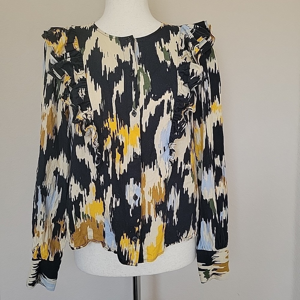 Sezane Womens Linen Blend Long Sleeve Top Size 38 Button Up Ruffle Quite Luxury